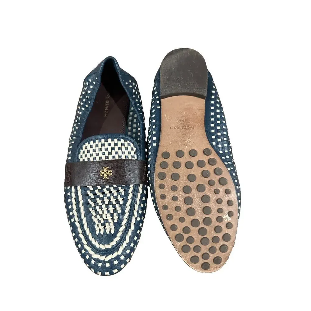 Tory Burch Woven Leather Slip On Loafer Flats Blue White Logo Womens US 6.5